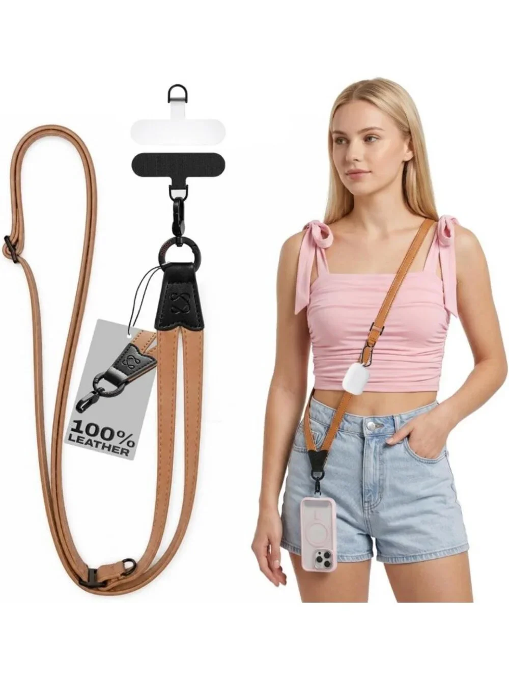 Stylish Leather Crossbody Phone Strap with Adjustable Clip & Neck Lanyard